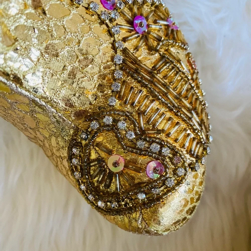 Celeste jewel embellished gold snakeskin stiletto bootie, Sz. 7